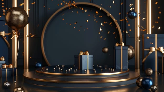Black and gold stage with presents and confetti.