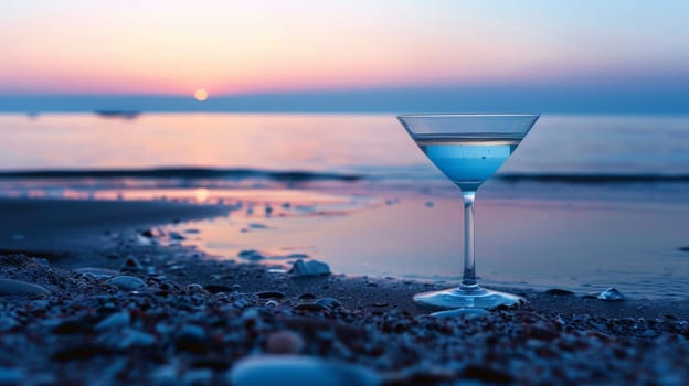Martini glass on sandy beach.