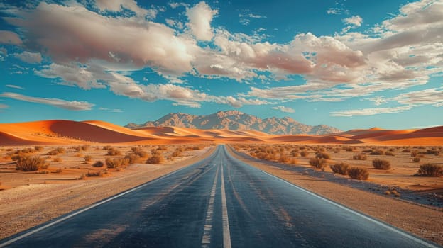 A wide highway leads to a desert with sand dunes on the middle