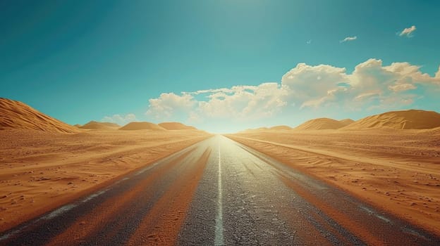 A wide highway leads to a desert with sand dunes on the middle