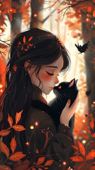 In the darkness of night, a girl with black hair holds a black cat in a mystical forest, creating an eerie yet fun and artistic scene
