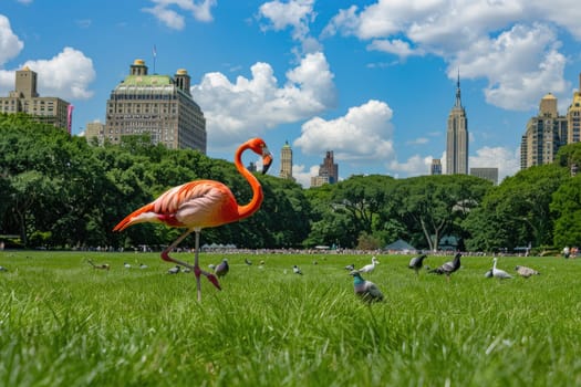 A vibrant red flamingo gracefully walks across the lush green grass of Central Park