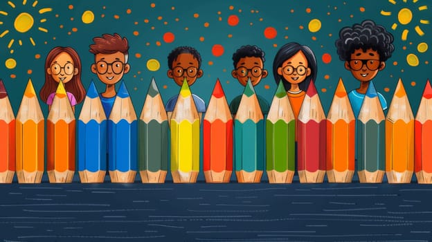A group of children standing in front of a row of colored pencils