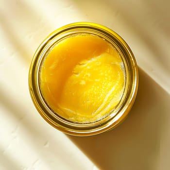 Top view of a jar of ghee on a light background. Healthy diet.