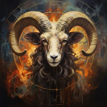 Signs of the zodiac: Ram head with horns and fire in the background. Digital painting.