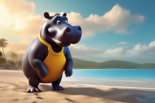Cartoon hippopotamus traveler with luggage on the seashore. Concept of summer vacation, summer vacation