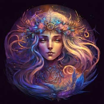 Signs of the zodiac: Portrait of a beautiful woman in a wreath of feathers. Fantasy illustration.