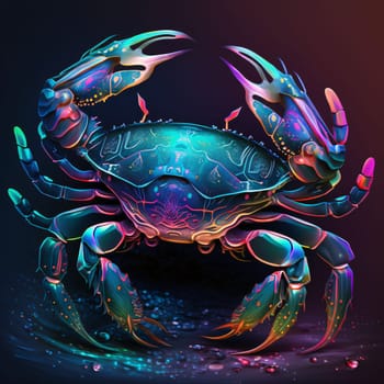 Signs of the zodiac: Vector illustration of a blue crab on a dark background with water drops