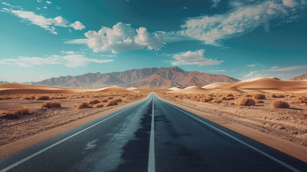 A wide highway leads to a desert with sand dunes on the middle