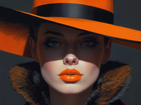 Portrait of a mysterious beautiful young woman in a red hat with red lips. Fashionable glamor fashion makeup. Sensual red lips