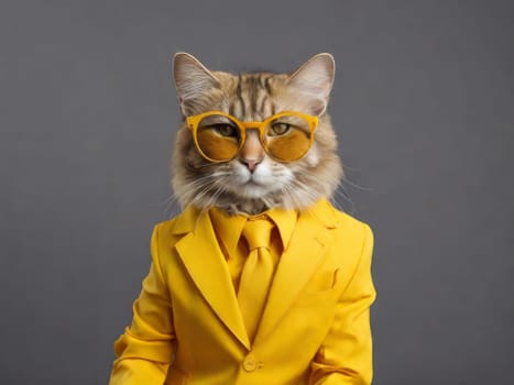 Business cat in a yellow suit and glasses on a gray background.