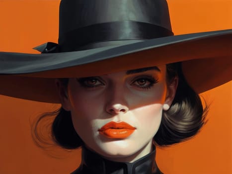 Portrait of a mysterious beautiful young woman in a black hat with red lips. Fashionable glamor fashion makeup. Sensual red lips