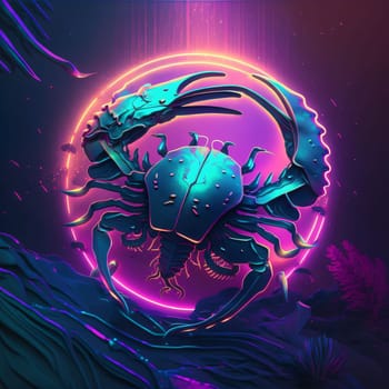 Signs of the zodiac: Illustration of a blue crab on a dark background with neon lights