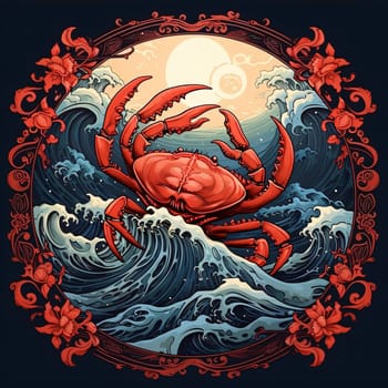 Signs of the zodiac: Illustration of a red crab in a circle on the background of the sea waves