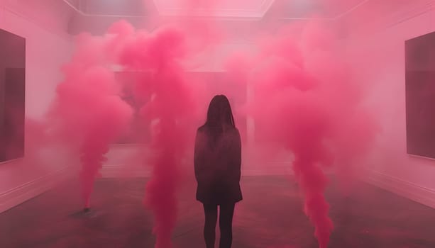 a woman is standing in a room filled with pink smoke. High quality photo