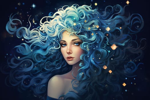 Sign of the zodiac: Portrait of a beautiful girl with blue hair. Fantasy image.