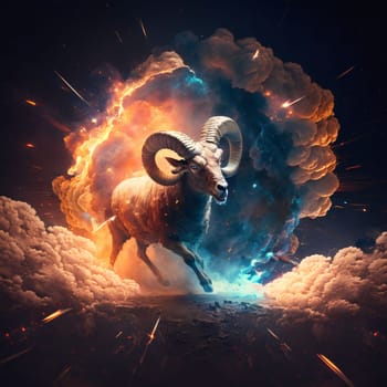 Signs of the zodiac: Mouflon in the fire. 3D illustration. Elements of this image furnished by NASA