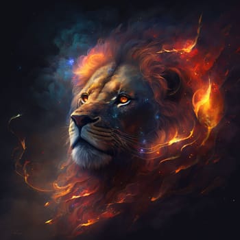 Signs of the zodiac: Lion head with fire effect on dark background, digital painting.
