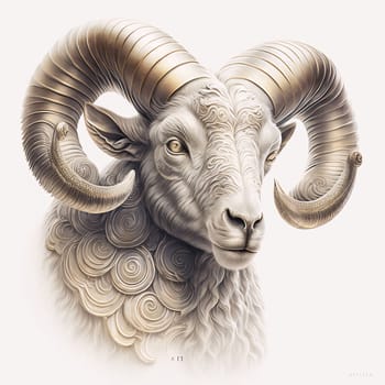 Signs of the zodiac: Sheep head with golden pattern on white background. 3d illustration