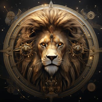 Signs of the zodiac: Lion with a clock on the background of the starry sky