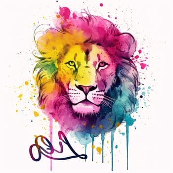 Signs of the zodiac: Lion head with colorful paint splashes. Hand drawn vector illustration.