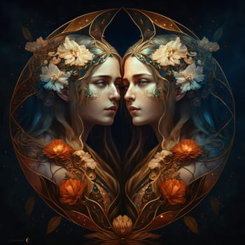 Signs of the zodiac: Two beautiful girls in floral wreaths. Fantasy, mystic, occult background.