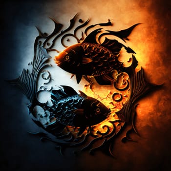 Signs of the zodiac: Illustration of two fish with fire patterns on a grunge background