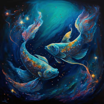 Signs of the zodiac: Illustration of two goldfish in cosmic space with fire and stars