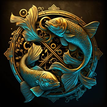 Signs of the zodiac: golden fish in a circle on the background of the ornament.