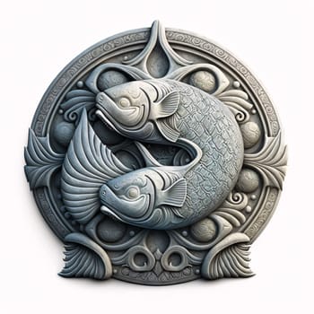 Signs of the zodiac: Fish metal sculpture on a white background. 3d render illustration.