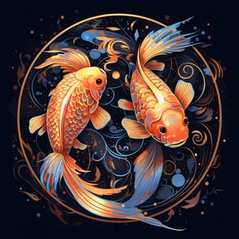 Signs of the zodiac: Koi fish. Gold fish on a black background. Vector illustration.