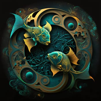 Signs of the zodiac: Illustration of two fish in the form of a circle on a dark background