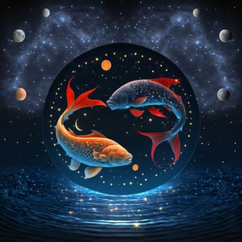 Signs of the zodiac: Koi fish in the outer space with planets and stars. Vector illustration