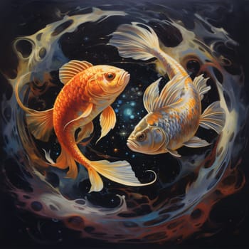 Signs of the zodiac: Koi fish in the cosmic space. Illustration of goldfish.