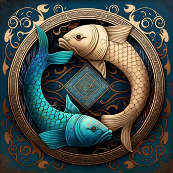 Signs of the zodiac: Zodiac sign Aquarius. Blue background with fish. 3D illustration