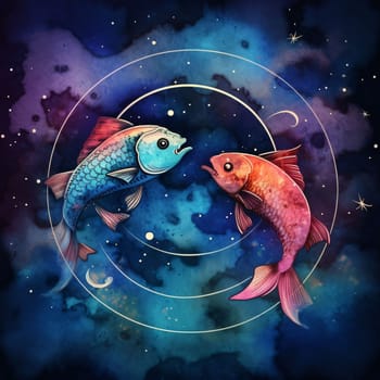 Signs of the zodiac: Zodiac sign Pisces. Aquarius. Horoscope circle on cosmic background.