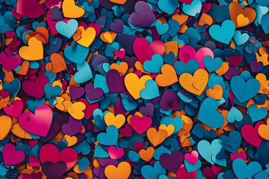Full-frame background of colorful hearts. Neural network generated image. Not based on any actual person or scene.