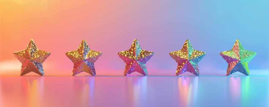 Five glittering stars on a colorful gradient background.