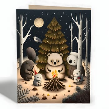 Card forest animals by the fire in winter. Christmas card as a symbol of remembrance of the birth of the savior. A Time of Joy and Celebration.