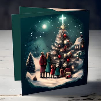The card, the Christmas tree and the family. Christmas card as a symbol of remembrance of the birth of the savior. A Time of Joy and Celebration.