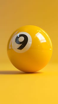 A spherical yellow pool ball with the number 9 printed on it is resting on a smooth yellow surface, made of wood. This toy is commonly used in indoor games and sports like billiards