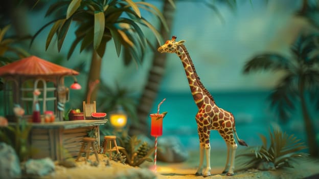Giraffe Enjoying a Cocktail on Beach Near Palm Tree.