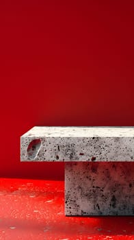 A rectangular marble bench is displayed on a wooden table in front of a vibrant red wall, with tints of magenta and carmine. This still life photography captures the bricklike paint on the wall