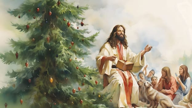 Christ preaching the word of God to the people next to the Christmas tree, illustration. Christmas card as a symbol of remembrance of the birth of the Savior. A time of joy and celebration.