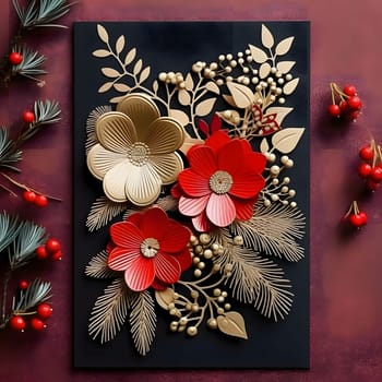 Card with handmade flowers, leaves and spruce branches around a rowan ornament. Christmas card as a symbol of remembrance of the birth of the Savior. A time of joy and celebration.