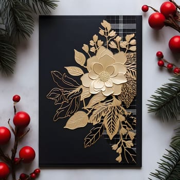 Dark card with handmade gold leaf flower and sprigs of conifers around red rowan ornament. Christmas card as a symbol of remembrance of the birth of the Savior. A time of joy and celebration.