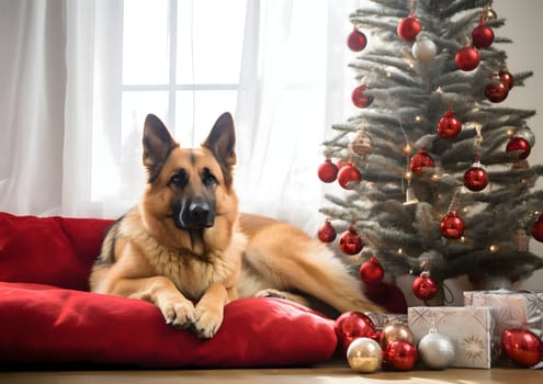 A big dog on a red couch, next to a Christmas tree with red baubles and presents. Christmas card as a symbol of remembrance of the birth of the Savior. A time of joy and celebration.