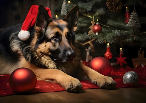 A big dog lying next to a Christmas tree around red baubles. Christmas card as a symbol of remembrance of the birth of the Savior. A time of joy and celebration.