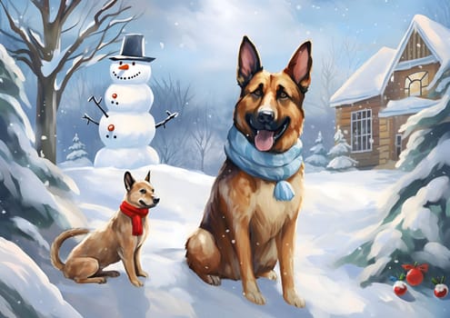 Illustration of two dogs in a Snowy landscape, snowman in the background, Christmas tree house. Christmas card as a symbol of remembrance of the birth of the Savior. A time of joy and celebration.