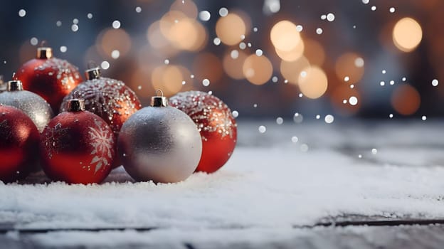 Red and silver baubles on white snow on the left side. Orange bokeh effect in the background.Christmas banner with space for your own content. Blank field for the inscription.